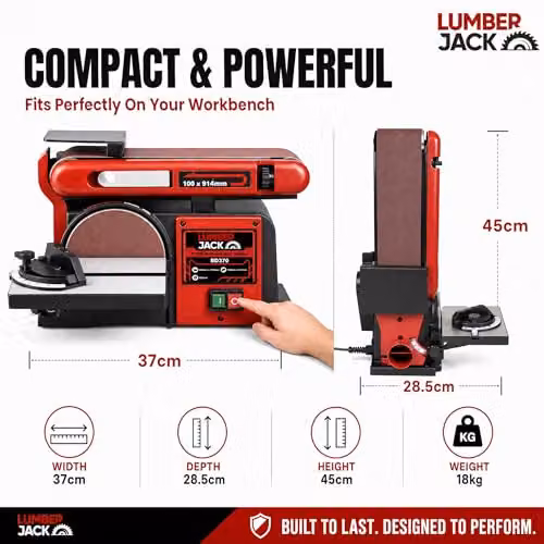 Lumberjack 370W Belt and Disc Benchtop Sander Linisher with Heavy Duty Cast Iron Base in Red – 7