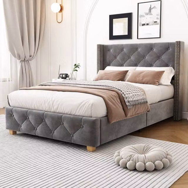 ModernLuxe Grey Velvet Upholstered Single Bed with Headboard and Wooden Legs, W/D/H: 90 x 190 cm