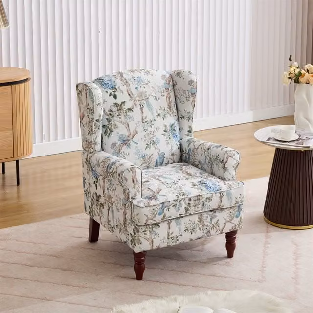 Furniture One High Wingback Armchair in Multicolour Bird Fabric