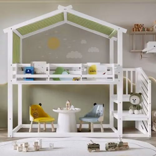 Matteo Double Bunk Bed with Decorative Canopy and Corner Staircase in White and Green, W/D/H: 140 x 200 cm