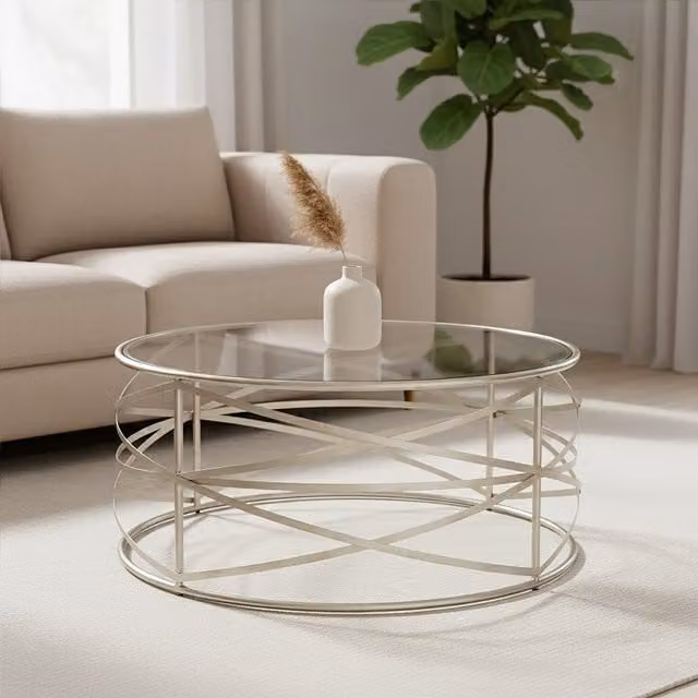 Interiors by Premier Rubia Modern Round Coffee Table with Silver Metal and Transparent Glass