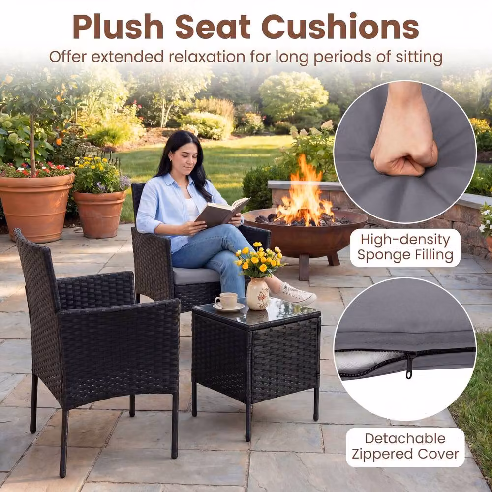Costway 3-Piece Grey Rattan Garden Conversation Set with Cushions and Glass Top Table – 4