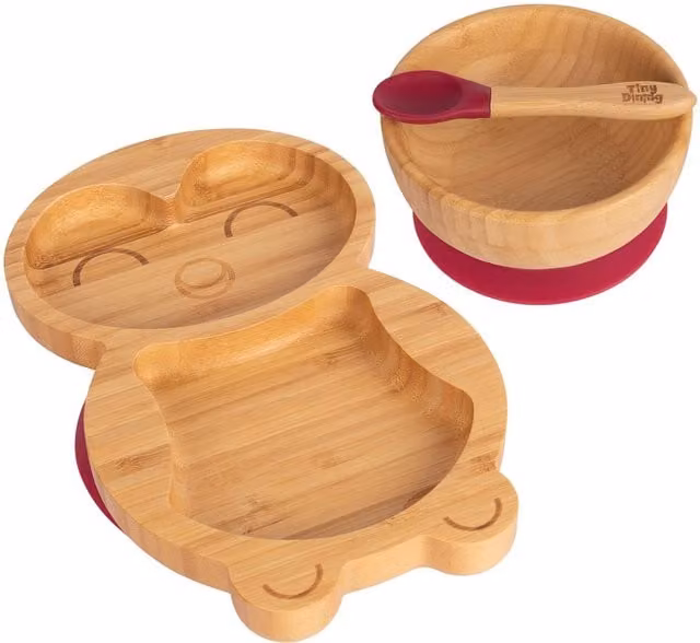 Tiny Dining 3-Piece Penguin Bamboo and Silicone Suction Feeding Set in Red – 1