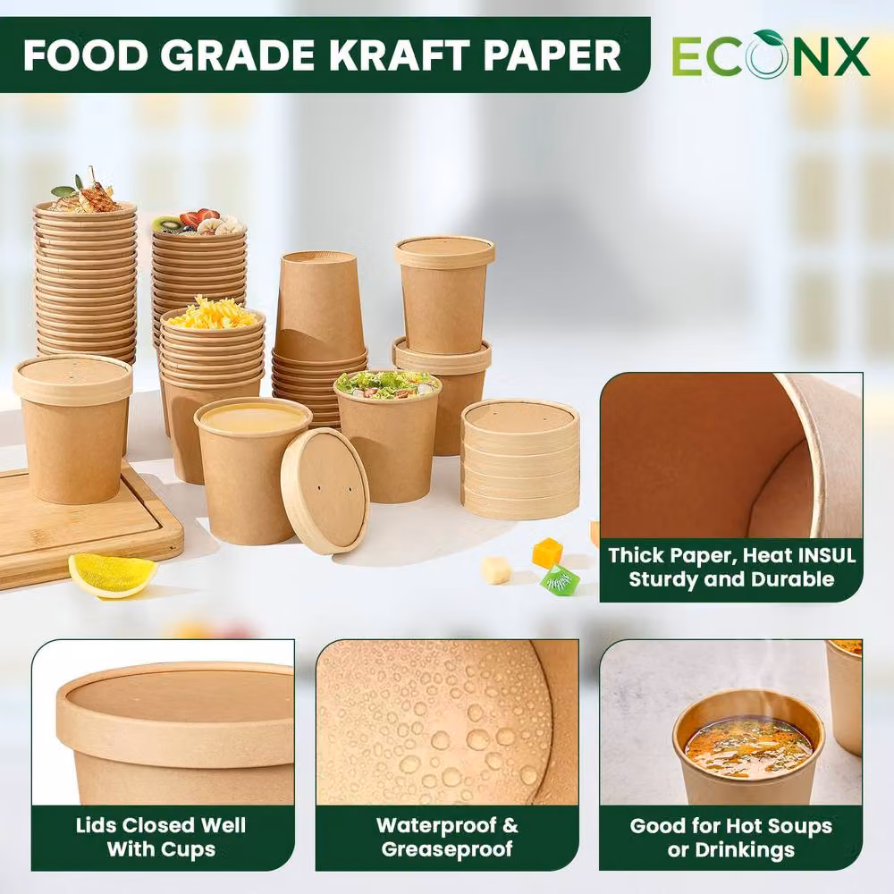 ECONX Disposable Brown Paper Soup Cups and Salad Bowls with Lids, 32oz, 25 Pieces – 2