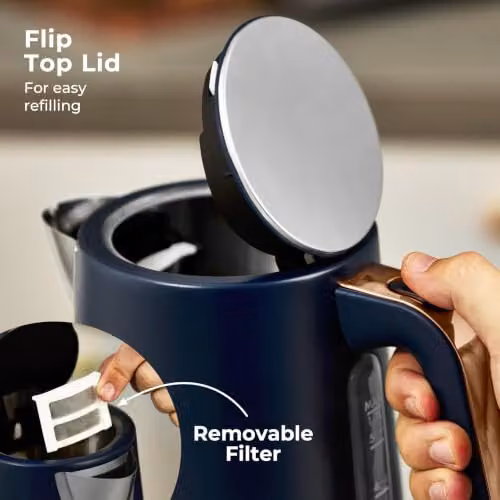 Tower Cavaletto 1.7L Jug Kettle in Midnight Blue and Gold with Stainless Steel Body and Limescale Filter – 8