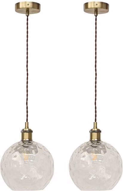 First Choice Lighting Barnum Set of 2 Retro Pendant Lights with Transparent Dimple Glass Globes and Antique Brass Finish – 1