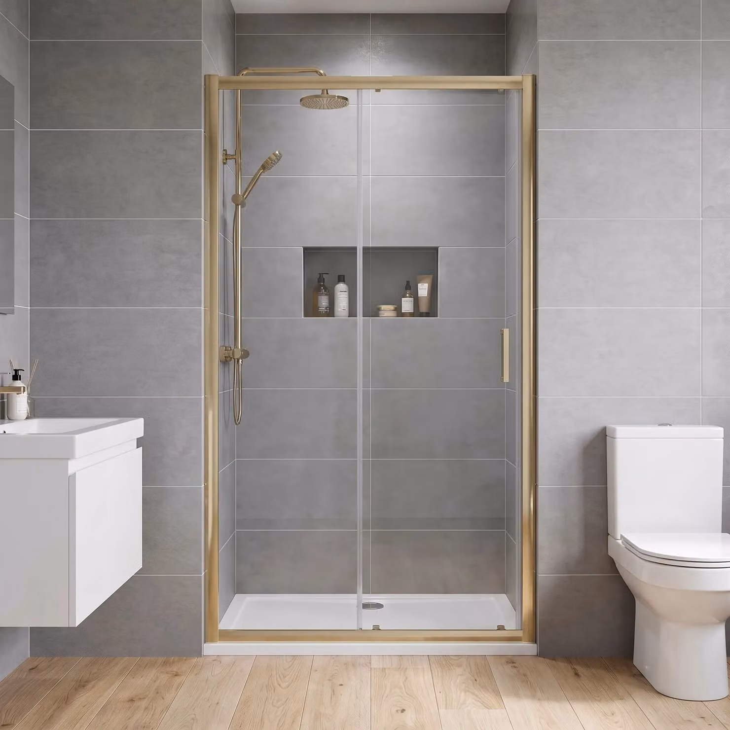 Balterley 6mm Glass Sliding Shower Door in Gold, W: 190 cm, D: 100 cm – 2