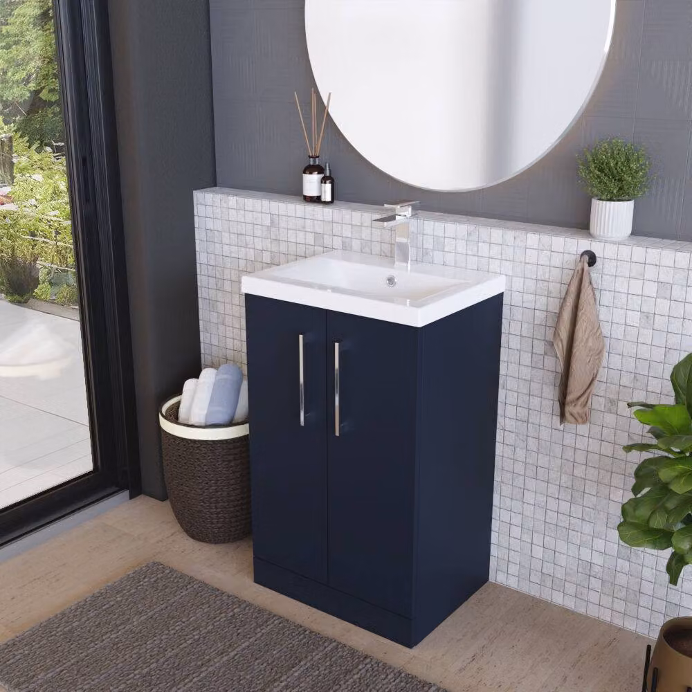 Balterley Contemporary Midnight Blue Floor Standing Bathroom Vanity Unit with 2 Soft-Close Doors and Mid-Edge Ceramic Basin, W: 50 cm, D: 39 cm, H: 84 cm – 3