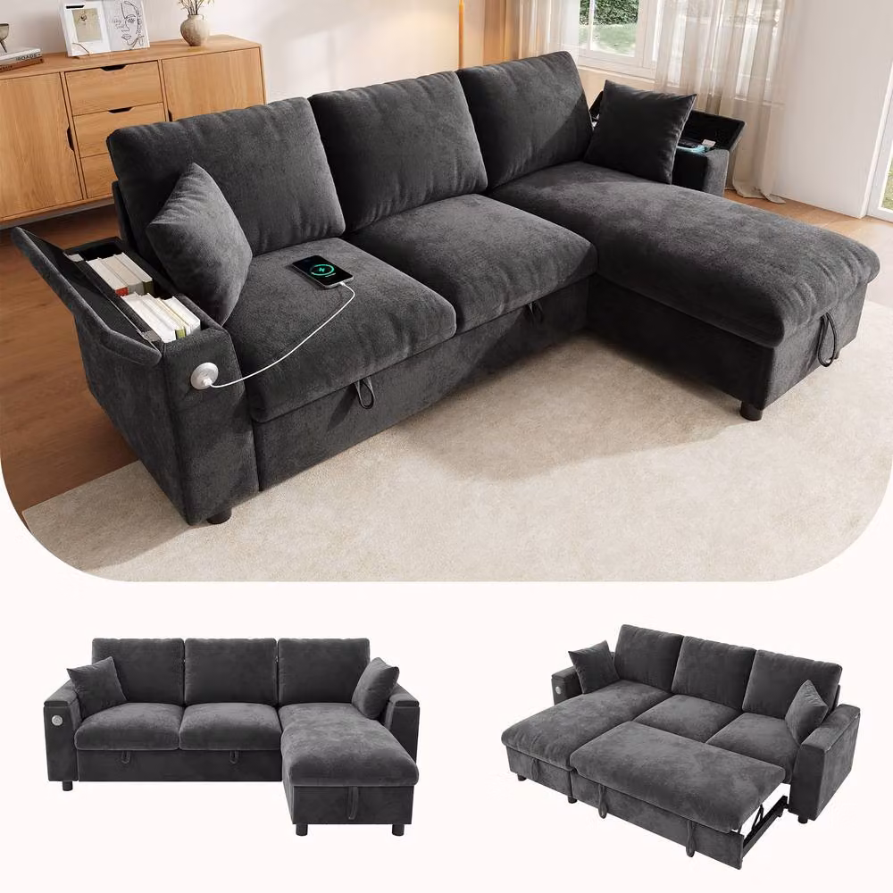Merax Reversible L-Shape Corner Sofa Bed in Grey with Storage, USB Charging and Cup Holder – 3