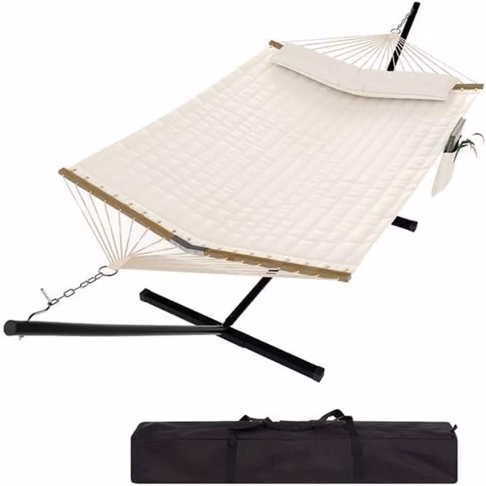 London Boutique Double Hammock with Stand and Cushions in Beige – 2