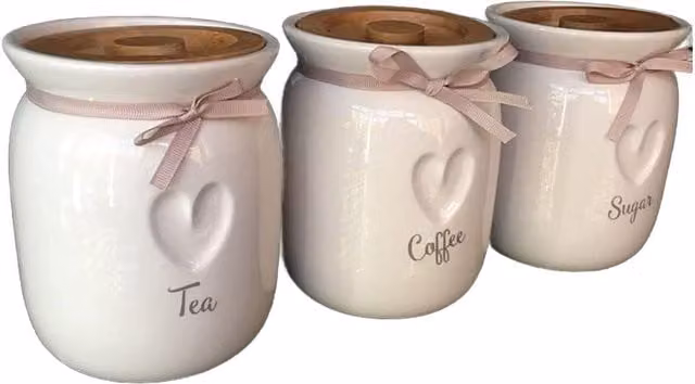 Biznest Set of 3 Ceramic Tea Coffee and Sugar Canisters with Wood Lids in White