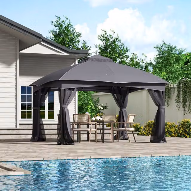 Breeins Outdoor Garden Gazebo Shade Canopy in Grey, W: 396 cm, D: 325 cm, H: 280 cm