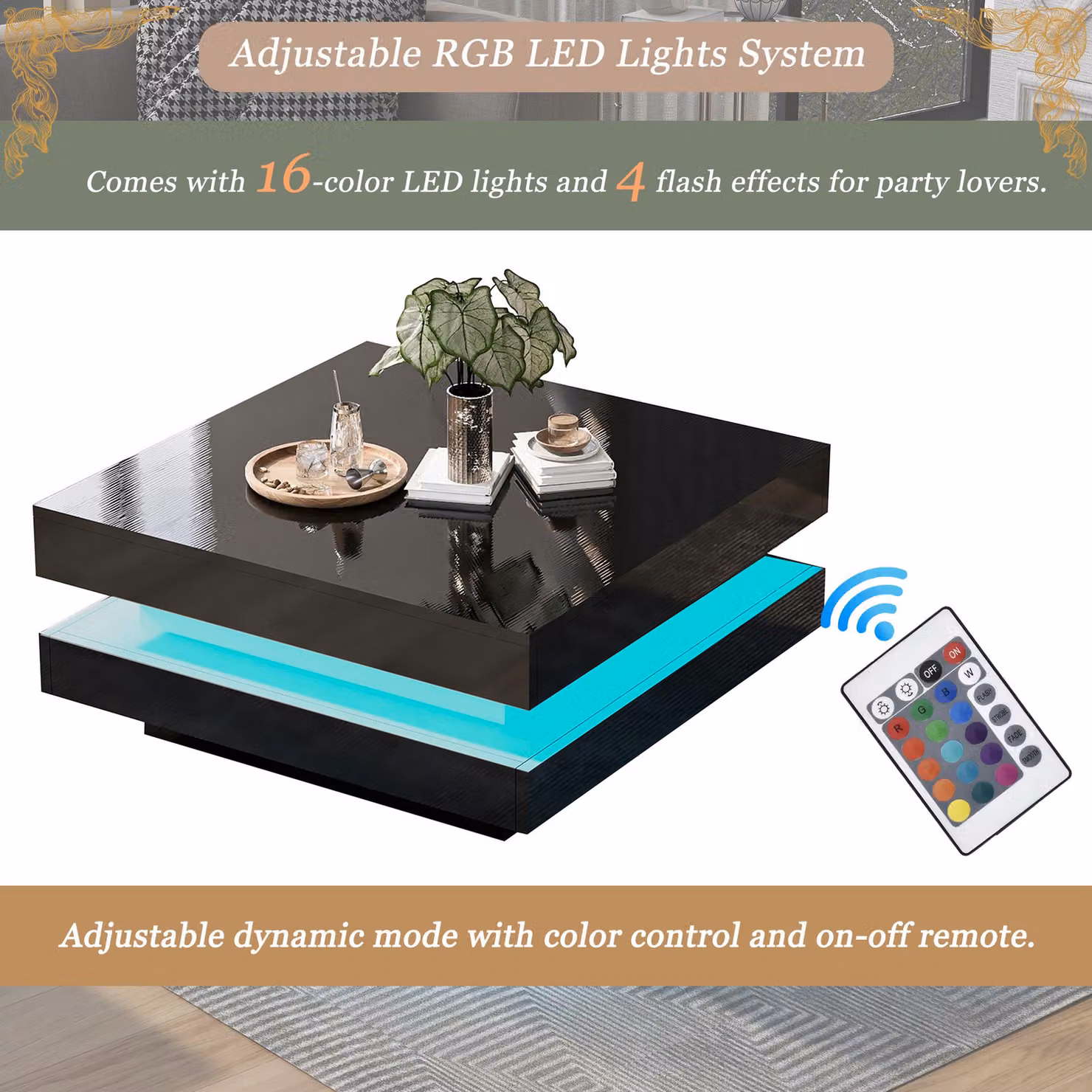 Aosom.UK Black High Gloss Square Coffee Table with Rotating Lift Top and 16-Colour LED Lights, W: 70 cm, D: 70 cm, H: 36 cm – 5