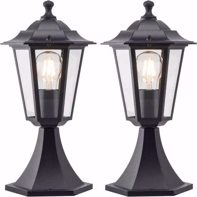First Choice Lighting Set of 2 Black IP44 Lantern Design Outdoor Pedestal Garden Lights – 1