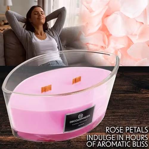 Deco Express Rose Petals Scented Woodwick Pillar Candle in Pink – 3