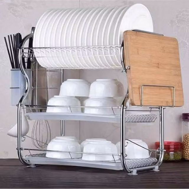 Livingandhome 3 Tier Stainless Steel Dish Drainer Rack with Drip Tray, Silver