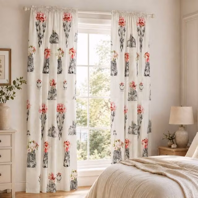 Smart Living Sketch Line Animal Floral Print Curtains Pair with Tie Backs, Multicolour, Width: 167 cm, Drop: 183 cm