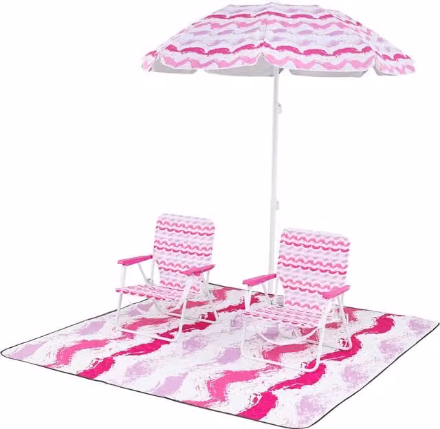 Costway 4 Piece Pink Beach Umbrella and Foldable Chair Set with UPF 50+ Protection – 1