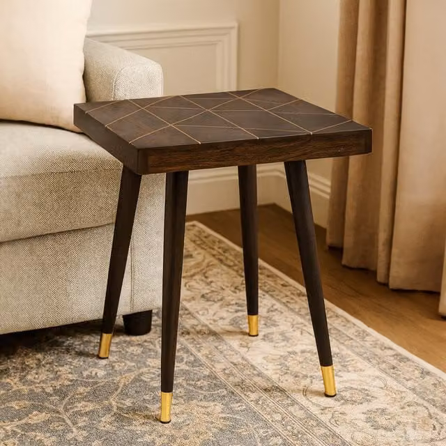 Fifty Five South Orsina Modern Square Mango Wood Side Table with Gold Tip Legs in Brown