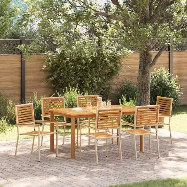 Berkfield Home 7 Piece Beige Poly Rattan and Acacia Wood Garden Dining Set – 1