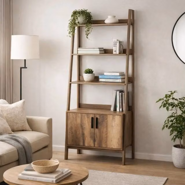 FORGEVIO 2 Door 4 Tier Tall Ladder Bookshelf Display Storage Unit in Brown – 1