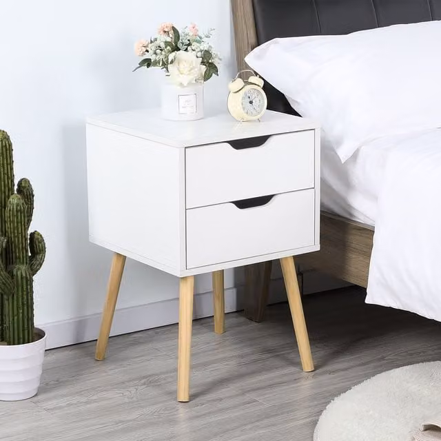 Yaheetech Set of 2 White Scandinavian Style Bedside Tables with Pine Wood Legs