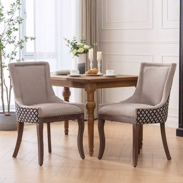 Modern Home Touch Bewley Set of 2 Vintage Linen Upholstered Kitchen Dining Chairs with Oak Wood Legs in Beige