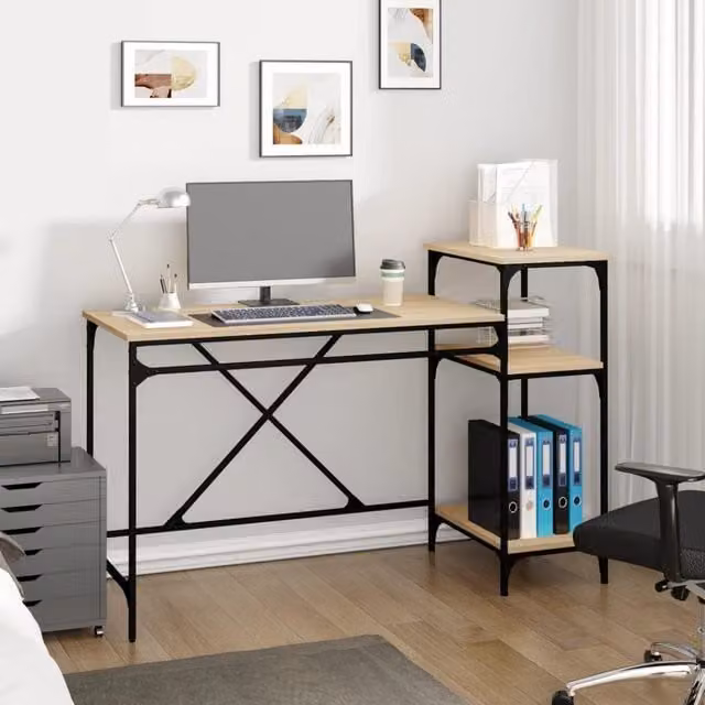 Berkfield Home Computer Desk with Shelves in Sonoma Oak and Brown, W/D/H: 135 x 50 x 90 cm
