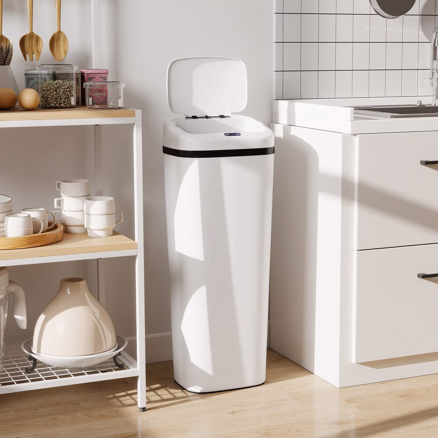 HOMCOM 50L Stainless Steel Sensor Bin in White with Fingerprint-Proof Finish – 2
