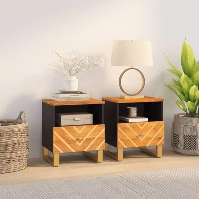 Berkfield Home Set of 2 Modern Mango Wood Bedside Cabinets in Brown and Black