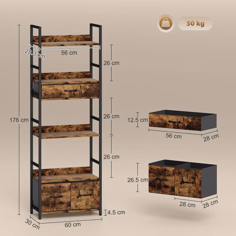 HOMCOM Industrial Bookshelf with 4 Shelves and 3 Fabric Drawers in Rustic Brown and Black – 3