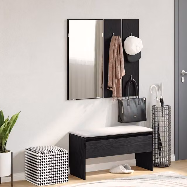 Berkfield Home Modern Hallway Furniture Set in Black Oak with Bench, Mirror and Wall Rack