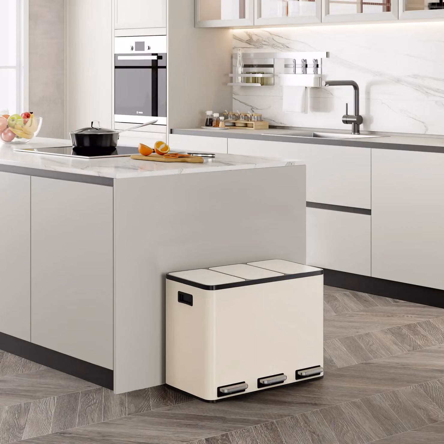 VonHaus 45L 3 Compartment Kitchen Waste and Recycling Bin in Beige with Soft Close and Removable Inner Buckets, W: 34.5 cm, D: 44 cm, H: 61.5 cm – 2