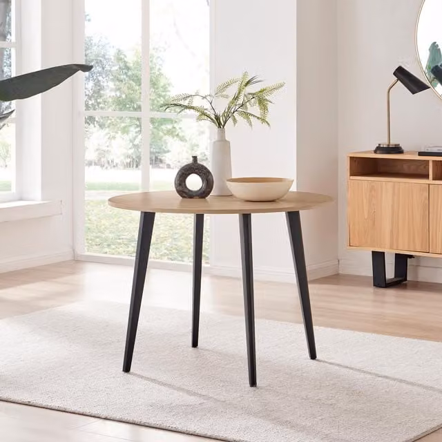 FurnitureboxUK Koko 4-Seater Round Melamine Scratch Resistant Dining Table in Light Oak with Black Legs – 1