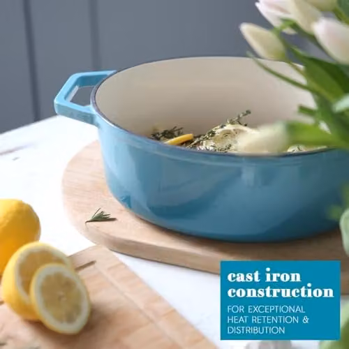 Argon Tableware Shallow Cast Iron Casserole Dish with Self-Basting Lid, 2.3 l, Turquoise and Petrol – 3