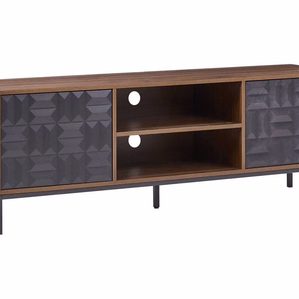 Wyld and Coco Dark Brown TV Stand with Two Doors, Open Shelves and Geometric Metal Pattern, W: 160.0 cm, D: 40.0 cm, H: 54.0 cm – 2
