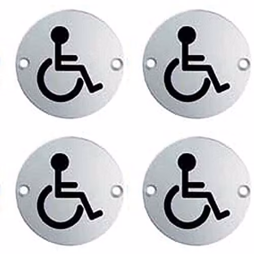 Loops 4 Pack Silver Stainless Steel Bathroom Disabled Symbol Signs, 76mm Diameter – 1