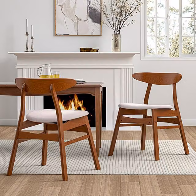 Livingandhome Set of 2 Mid-Century Dining Chairs with Wooden Frames and Beige Fabric Padding