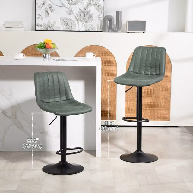 HOMCOM Set of 2 Retro Microfiber Bar Stools with Metal Frames in Green