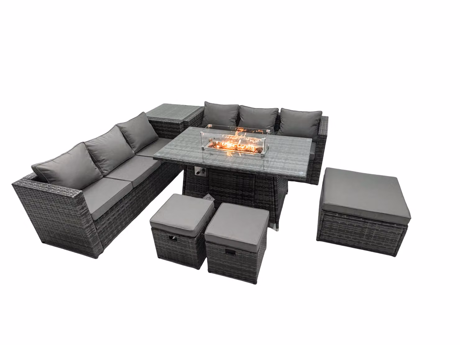Fimous 9 Seater Rattan Garden Furniture Firepit Dining Set with Lounge Sofa, Table, Side Table and 3 Footstools in Dark Grey – 2