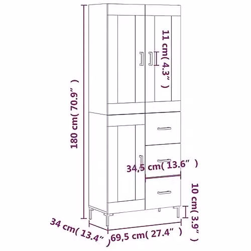 vidaXL Modern Highboard in Smoked Oak with Hinged Doors and Internal Shelves, W/D/H: 69.5 x 34 x 180 cm – 3