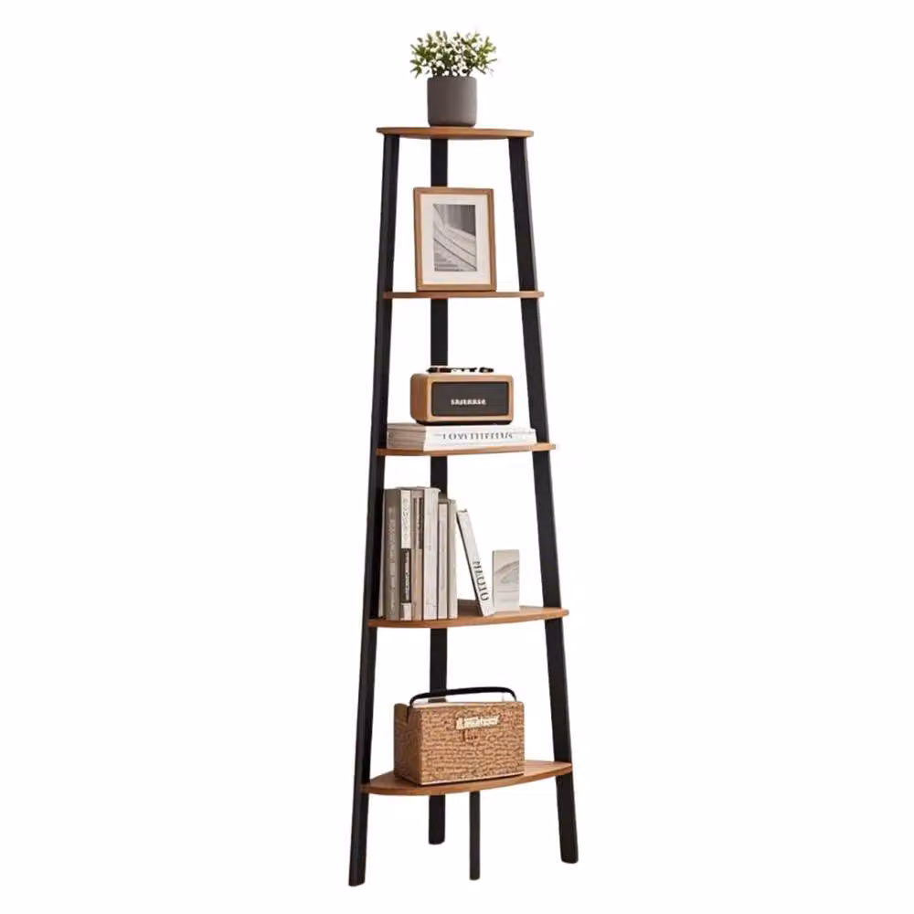 Pirlo Plush 5 Tier Industrial Freestanding Corner Shelving Unit in Brown and Black, H 159.0 cm x W 37.2 cm x D 37.2 cm – 2