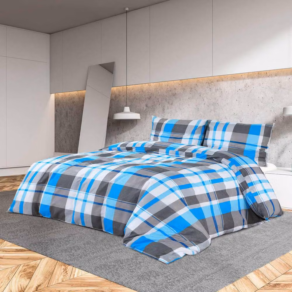 Berkfield Home Checked Cotton Duvet Cover and Pillowcase Set in Blue and Grey, W: 260 cm, D: 220 cm – 2