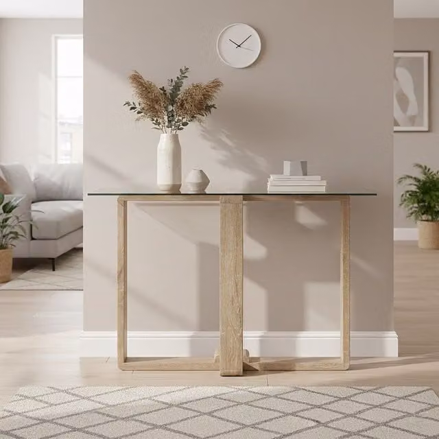 Orsina Modern Tempered Glass Console Table in Natural, W/D/H: 120 x 45 x 75 cm