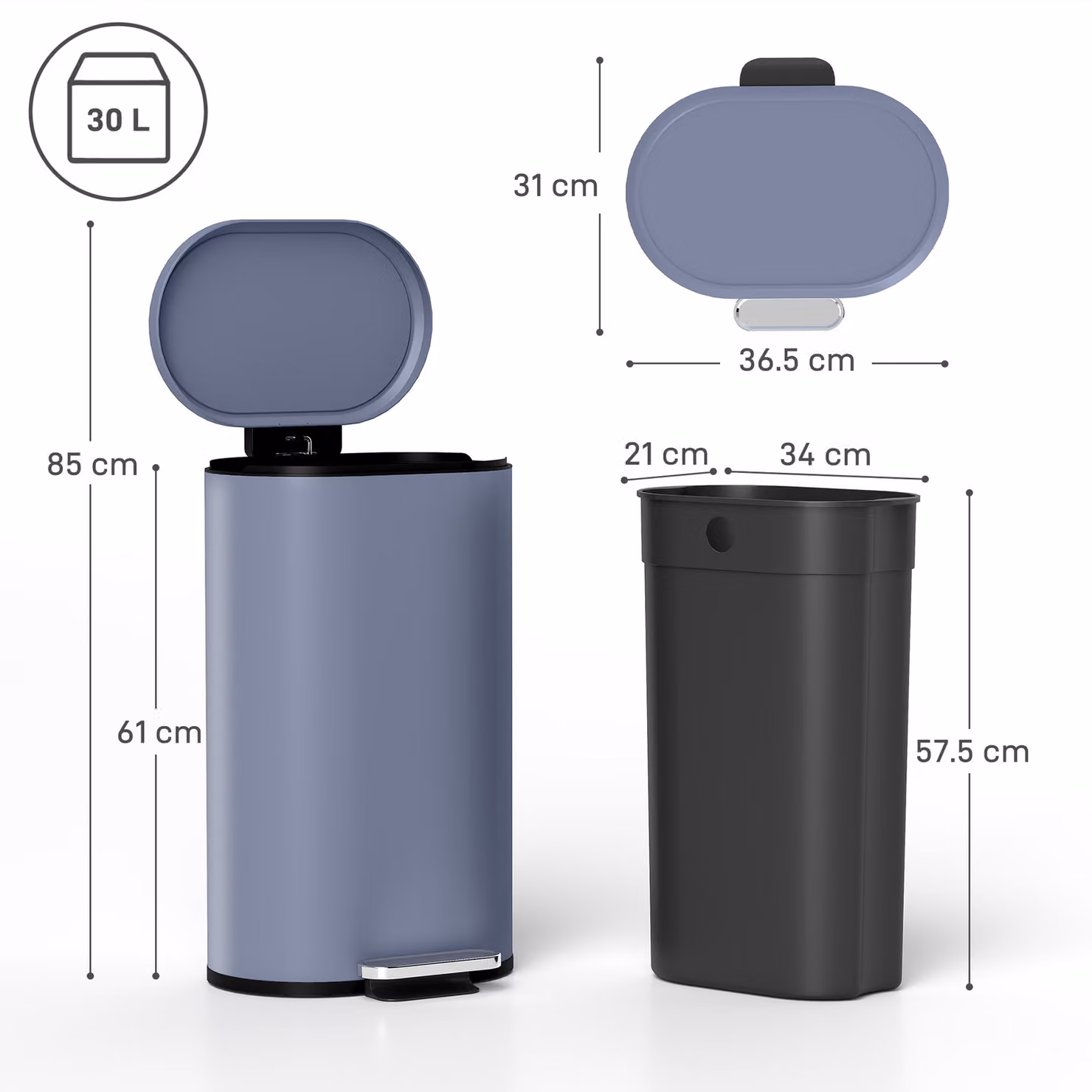HOMCOM 30L Slim Rectangular Pedal Kitchen Bin with Soft-Close Lid and Removable Inner Bucket, Grey – 3