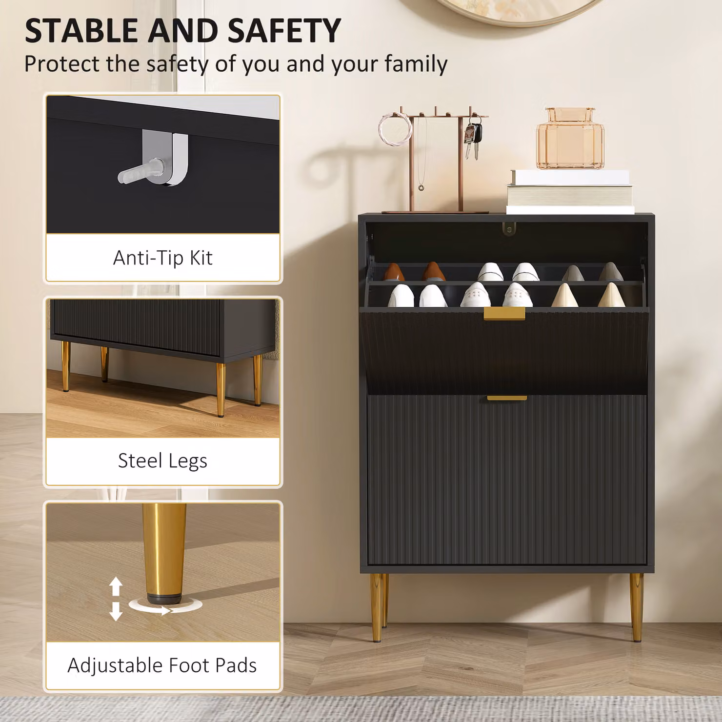 HOMCOM Modern Narrow Shoe Cabinet with 2 Tilting Compartments and Internal Shelves, Black and Gold – 4