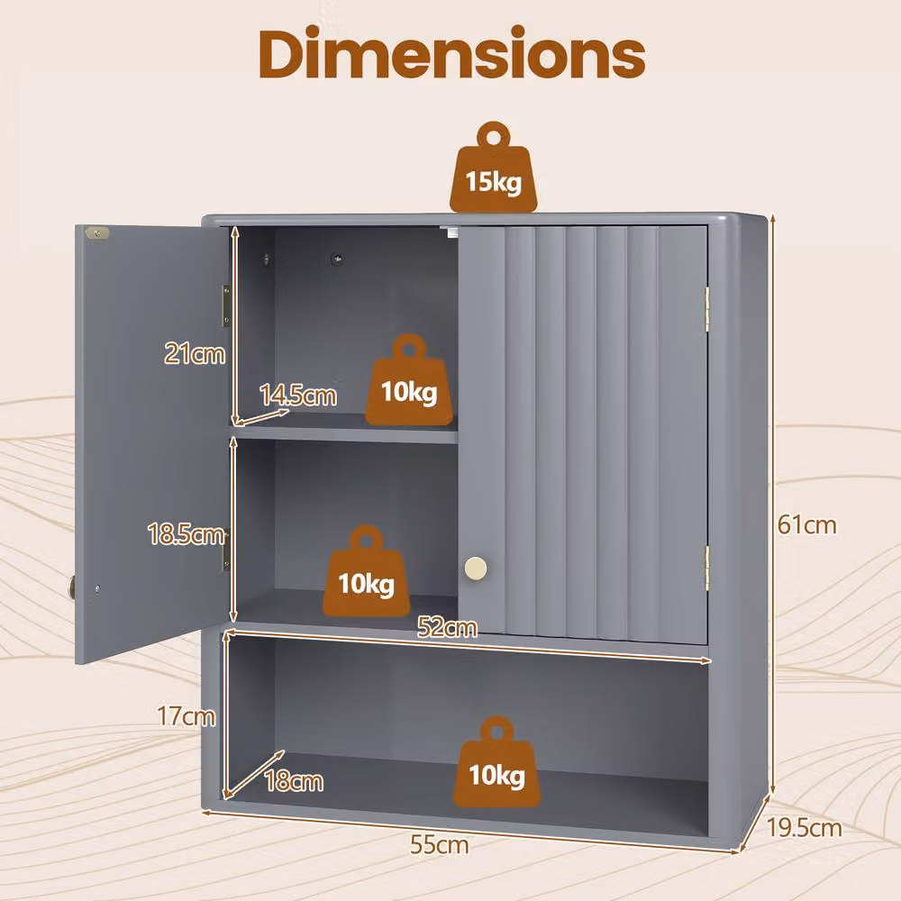 Costway Modern Fluted Double Door Bathroom Wall Cabinet in Grey Matt – 2