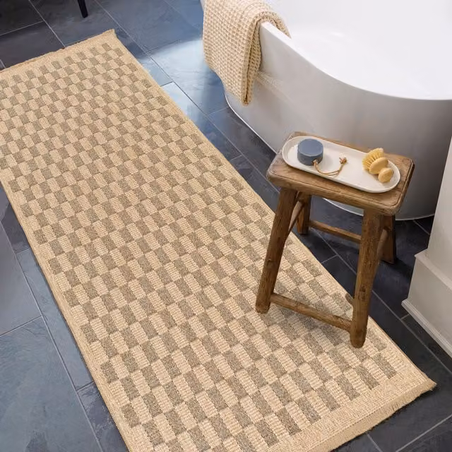 Livabliss Mirage-Cottage Checkerboard Jute-Look Indoor and Outdoor Rug with Fringes, Black, Brown and Beige, W: 120 cm, D: 170 cm