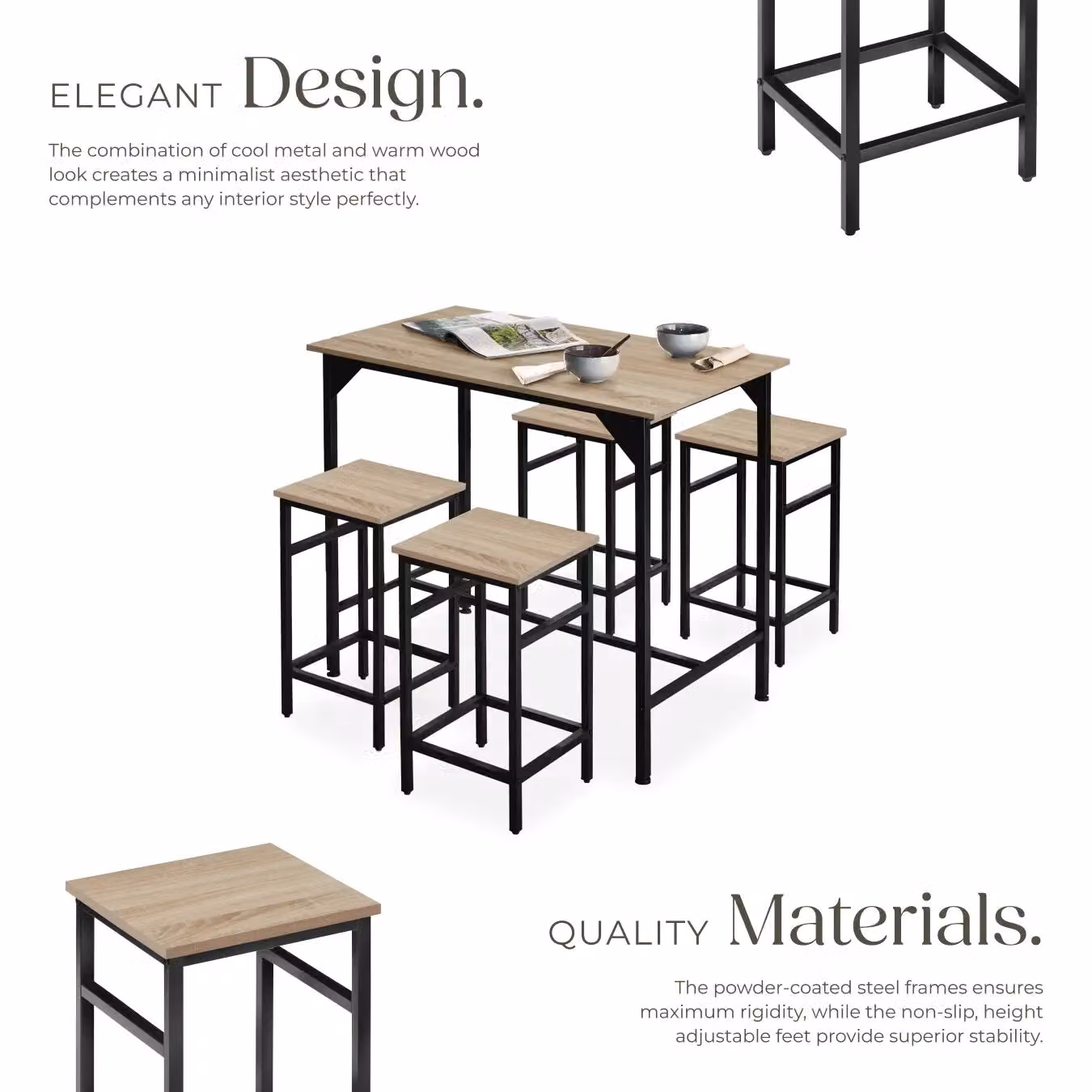 tectake Edinburgh Dining Table and 4 Bar Stools Set in Light Oak – 4