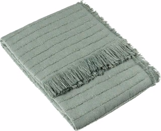 Hazie Woven Striped Fringed Throw in Eucalyptus Green